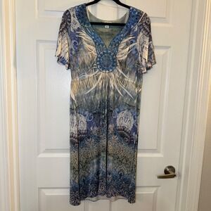 World Unity Paisley Boho Dress Blue Large Short Sleeve V-Neck Casual Summer